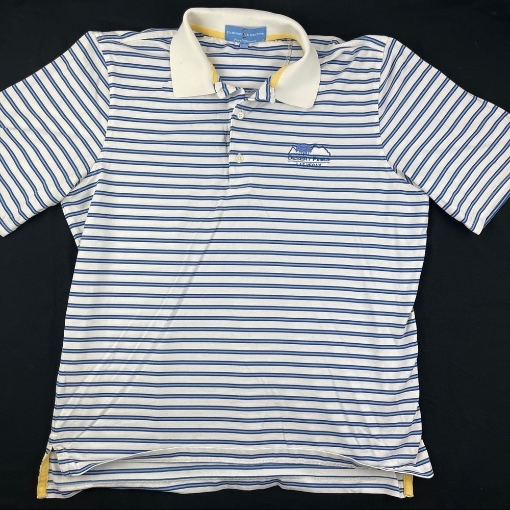 Fairway  Greene Golf Polo Mens Large White Blue Striped Desert Pines Las Vegas